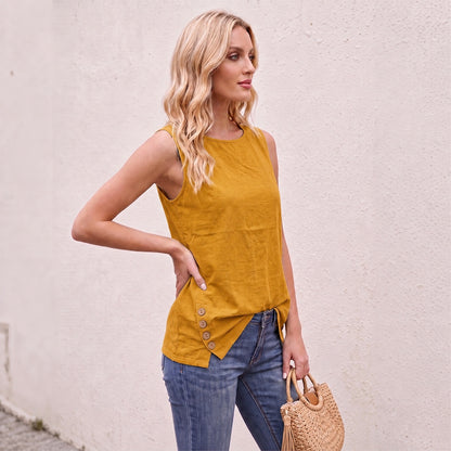 Women's Linen Look Crew Neck Tank Top - Sleeveless Summer Tops Side Button Detail Loose Casual Vest
