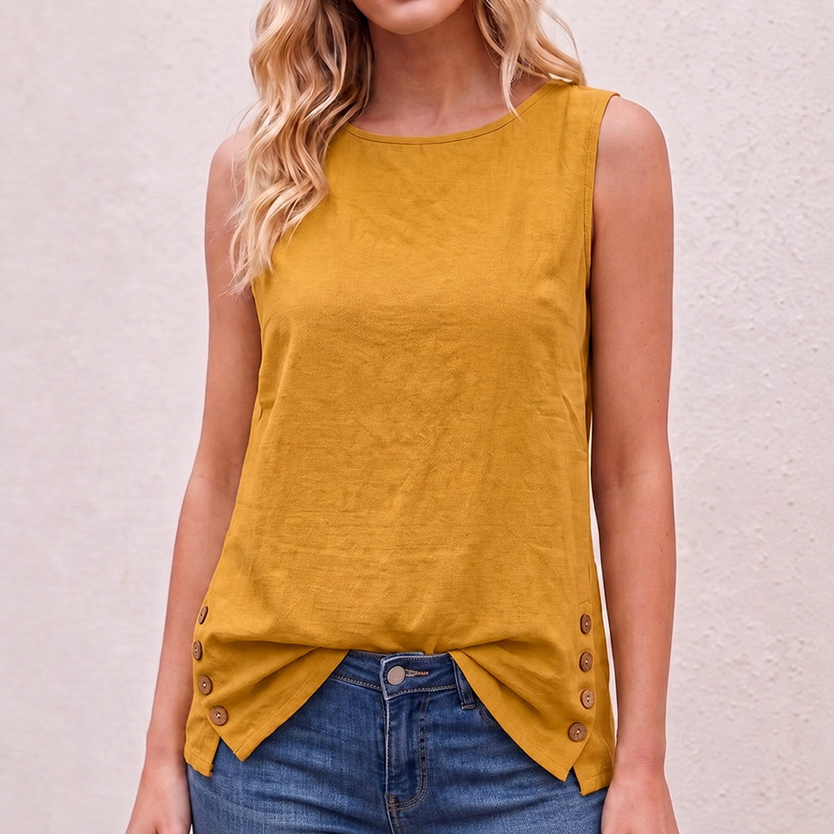 Women's Linen Look Crew Neck Tank Top - Sleeveless Summer Tops Side Button Detail Loose Casual Vest