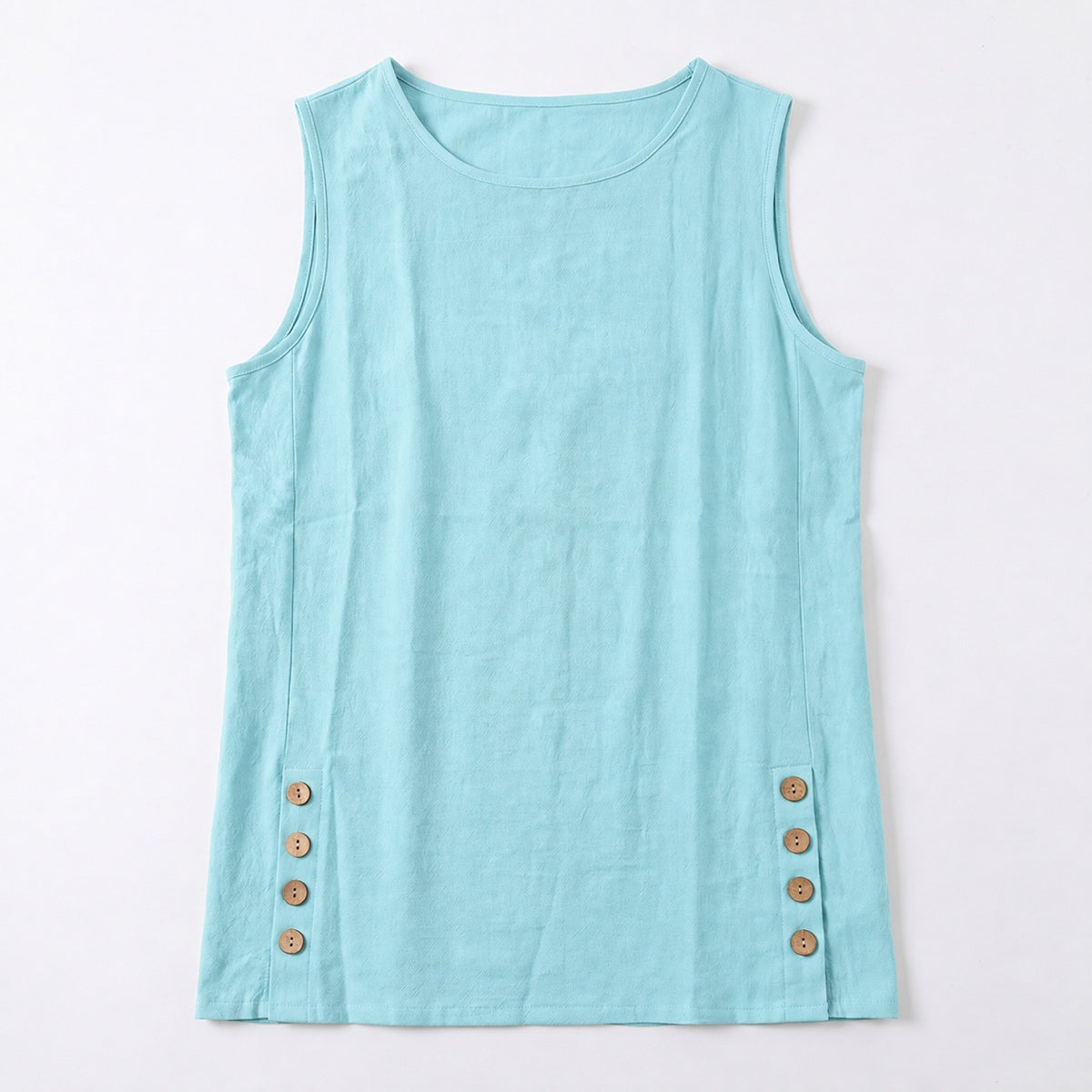 Women's Linen Look Crew Neck Tank Top - Sleeveless Summer Tops Side Button Detail Loose Casual Vest