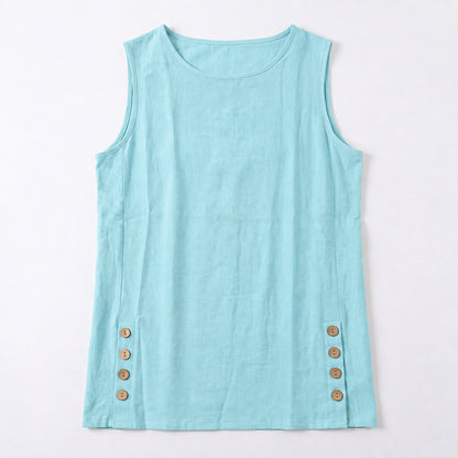 Women's Linen Look Crew Neck Tank Top - Sleeveless Summer Tops Side Button Detail Loose Casual Vest