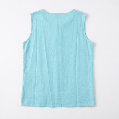 Women's Linen Look Crew Neck Tank Top - Sleeveless Summer Tops Side Button Detail Loose Casual Vest