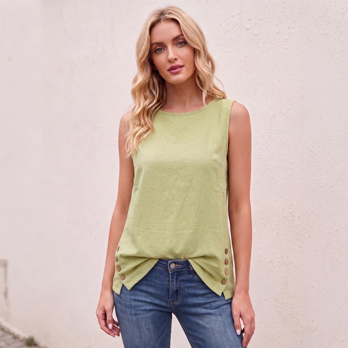 Women's Linen Look Crew Neck Tank Top - Sleeveless Summer Tops Side Button Detail Loose Casual Vest