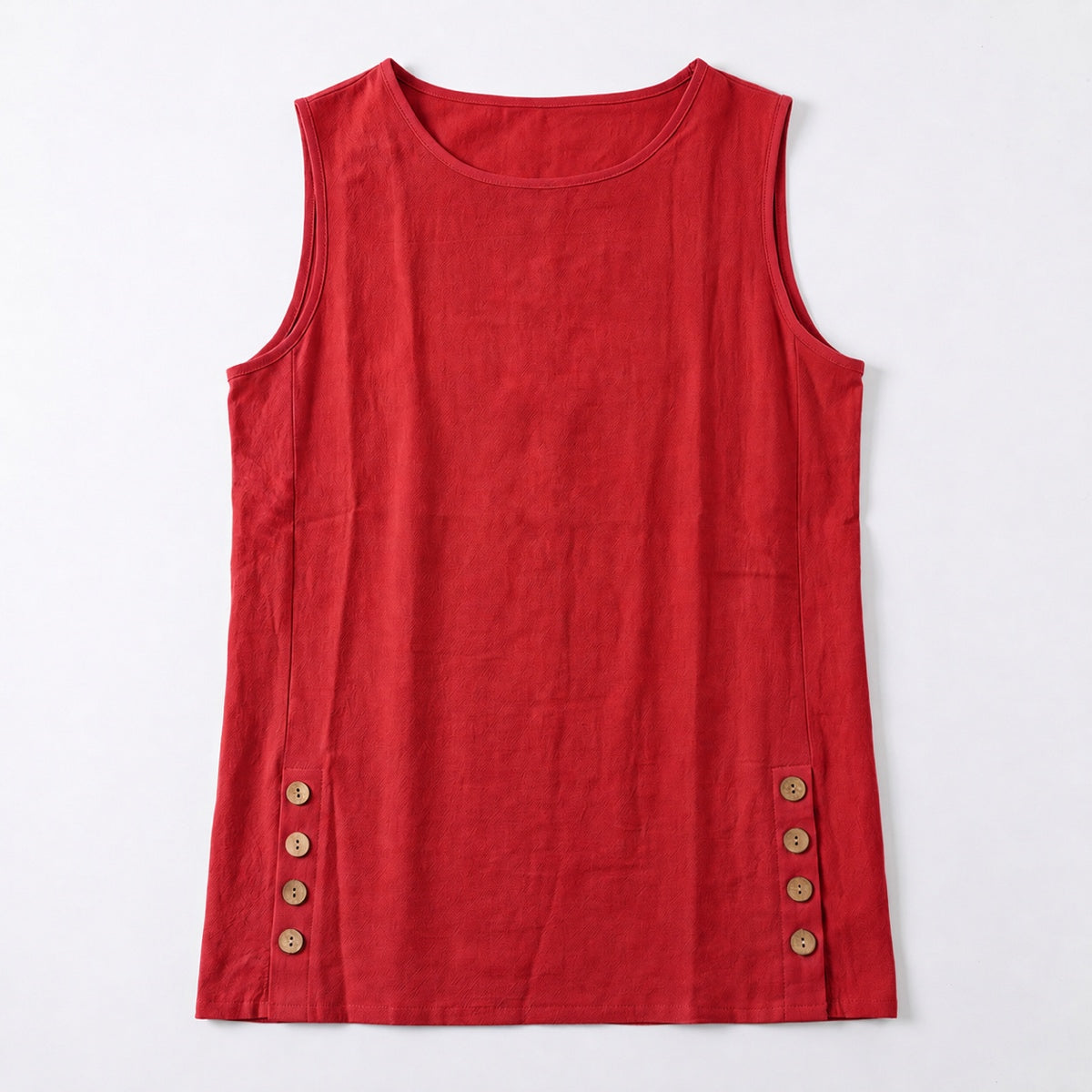 Women's Linen Look Crew Neck Tank Top - Sleeveless Summer Tops Side Button Detail Loose Casual Vest