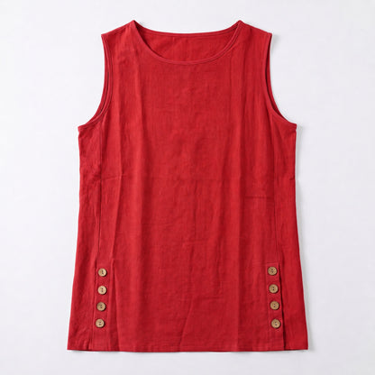 Women's Linen Look Crew Neck Tank Top - Sleeveless Summer Tops Side Button Detail Loose Casual Vest