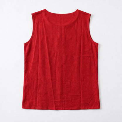 Women's Linen Look Crew Neck Tank Top - Sleeveless Summer Tops Side Button Detail Loose Casual Vest