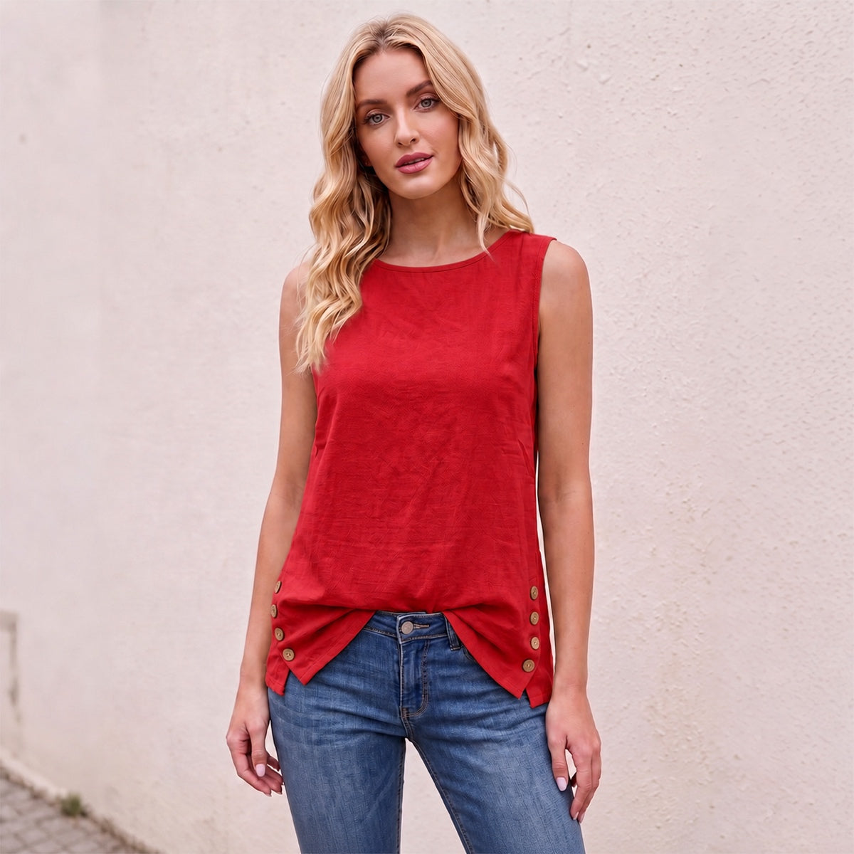 Women's Linen Look Crew Neck Tank Top - Sleeveless Summer Tops Side Button Detail Loose Casual Vest