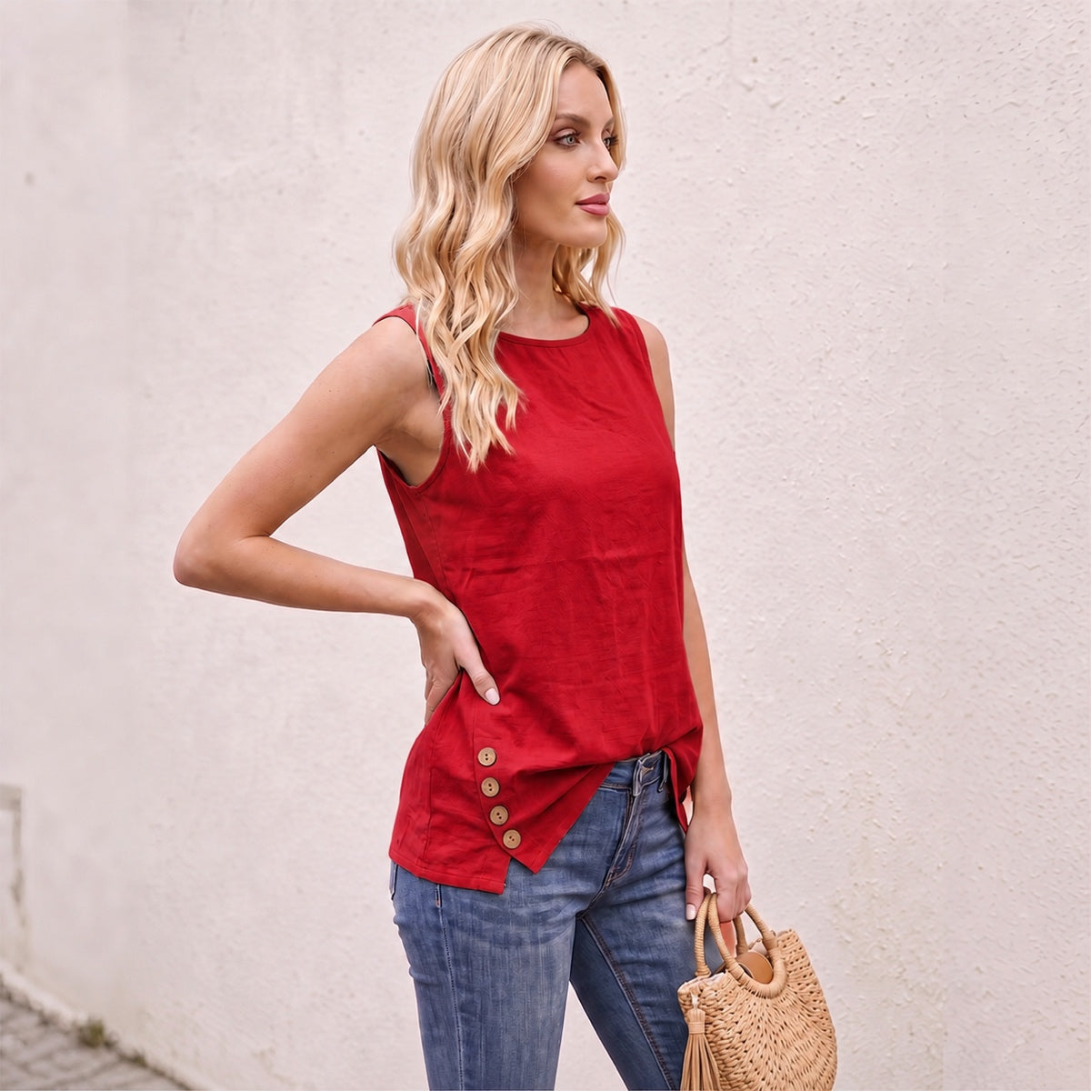 Women's Linen Look Crew Neck Tank Top - Sleeveless Summer Tops Side Button Detail Loose Casual Vest
