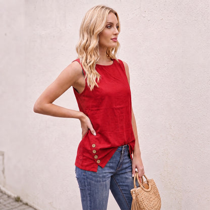 Women's Linen Look Crew Neck Tank Top - Sleeveless Summer Tops Side Button Detail Loose Casual Vest