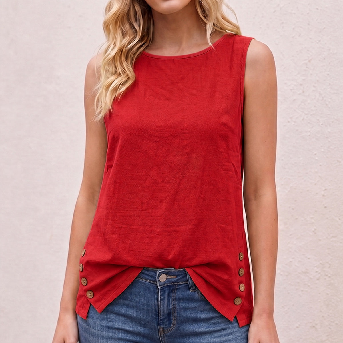 Women's Linen Look Crew Neck Tank Top - Sleeveless Summer Tops Side Button Detail Loose Casual Vest