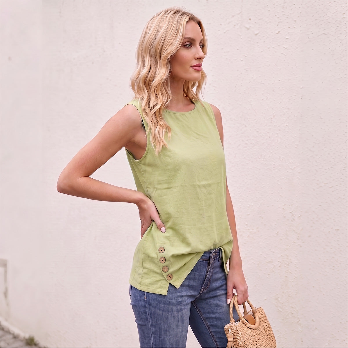 Women's Linen Look Crew Neck Tank Top - Sleeveless Summer Tops Side Button Detail Loose Casual Vest