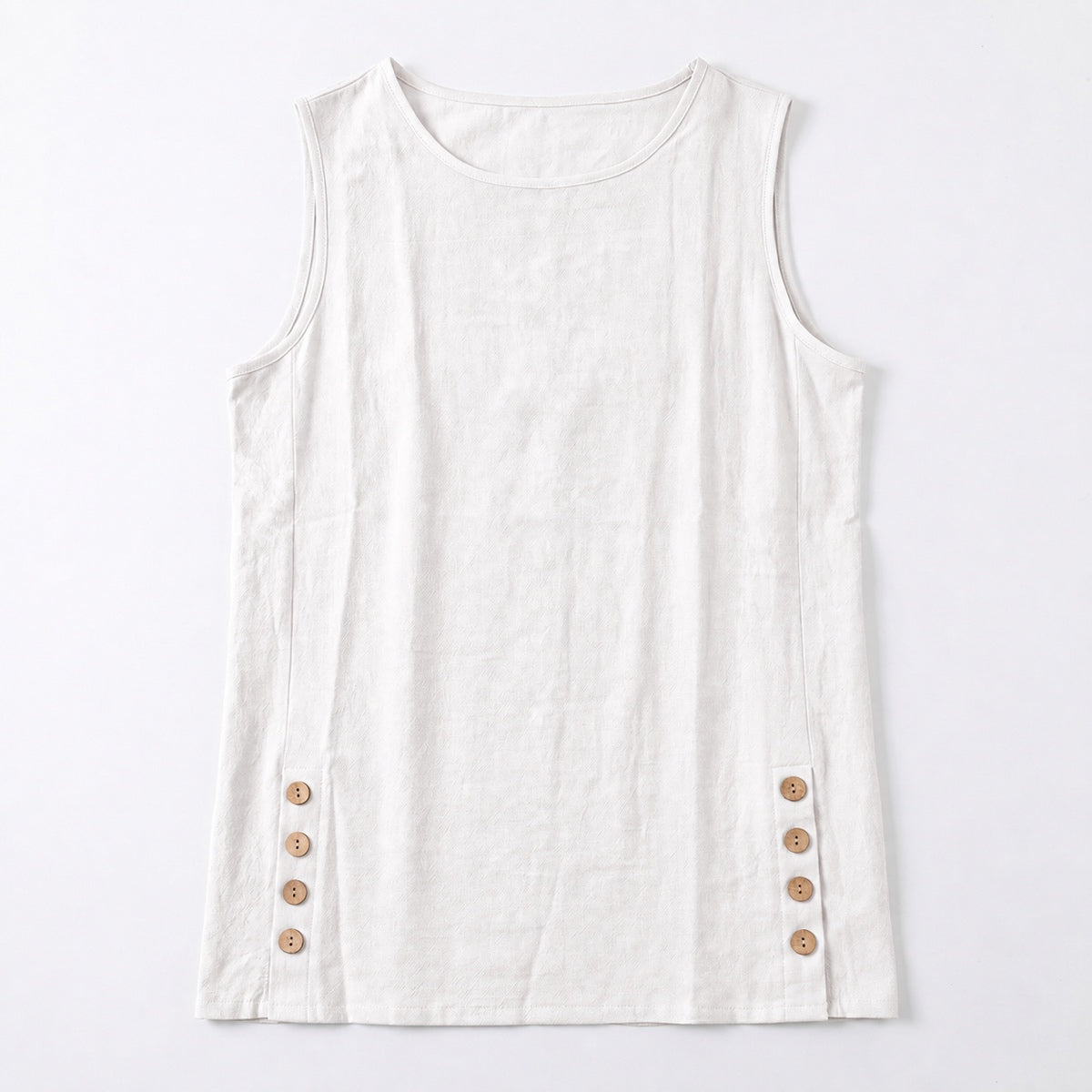 Women's Linen Look Crew Neck Tank Top - Sleeveless Summer Tops Side Button Detail Loose Casual Vest
