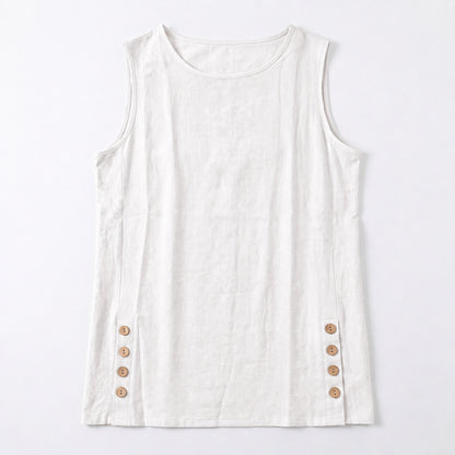 Women's Linen Look Crew Neck Tank Top - Sleeveless Summer Tops Side Button Detail Loose Casual Vest
