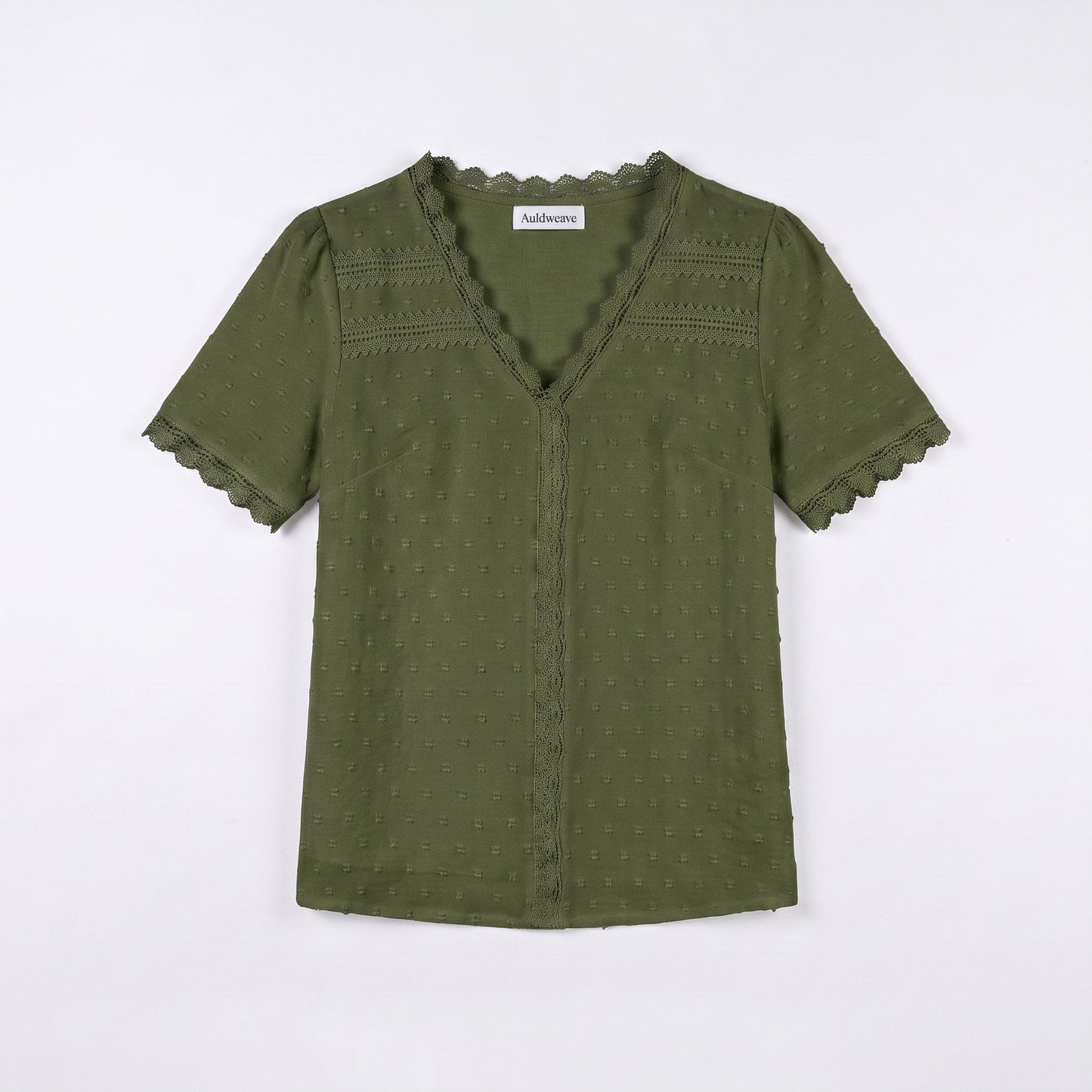 Auldweave Women's Swiss Dot Blouse Short Sleeve Lace Trim V Neck Top
