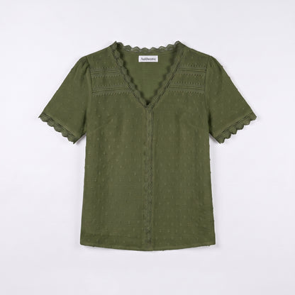 Auldweave Women's Swiss Dot Blouse Short Sleeve Lace Trim V Neck Top