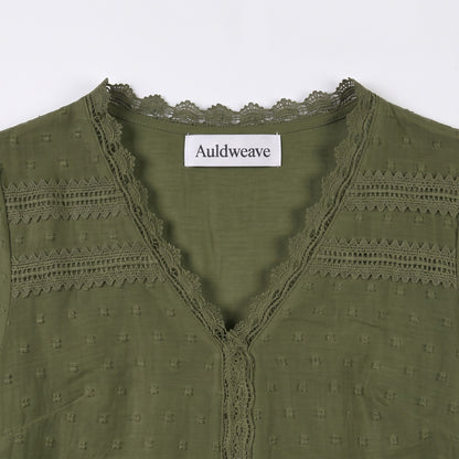Auldweave Women's Swiss Dot Blouse Short Sleeve Lace Trim V Neck Top