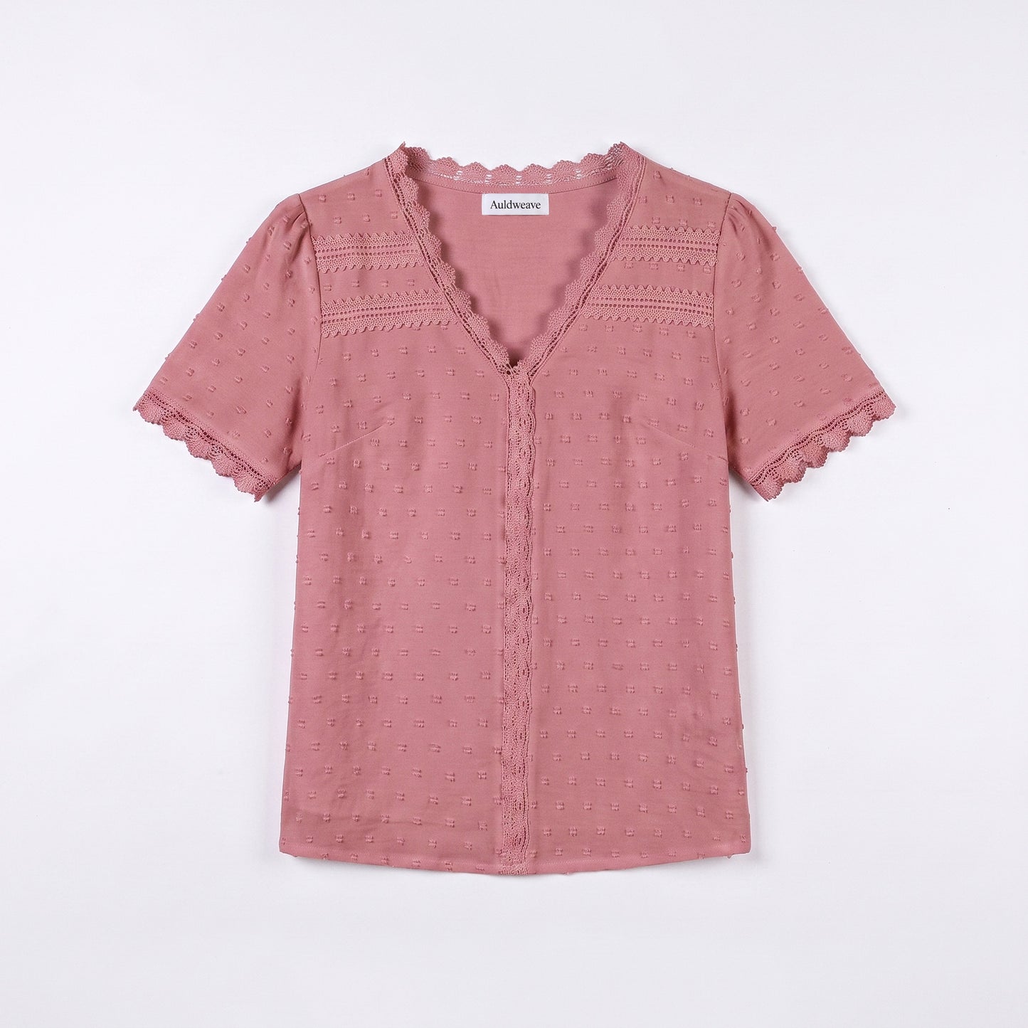 Auldweave Women's Swiss Dot Blouse Short Sleeve Lace Trim V Neck Top