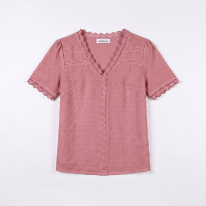 Auldweave Women's Swiss Dot Blouse Short Sleeve Lace Trim V Neck Top