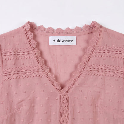 Auldweave Women's Swiss Dot Blouse Short Sleeve Lace Trim V Neck Top