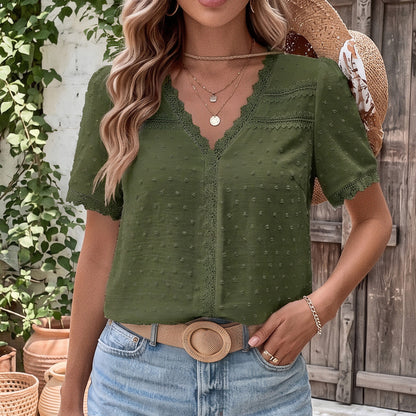 Auldweave Women's Swiss Dot Blouse Short Sleeve Lace Trim V Neck Top