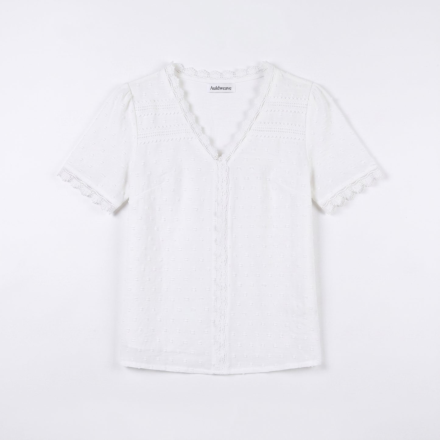 Auldweave Women's Swiss Dot Blouse Short Sleeve Lace Trim V Neck Top