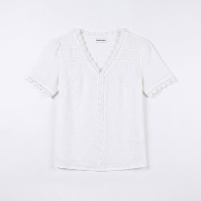 Auldweave Women's Swiss Dot Blouse Short Sleeve Lace Trim V Neck Top