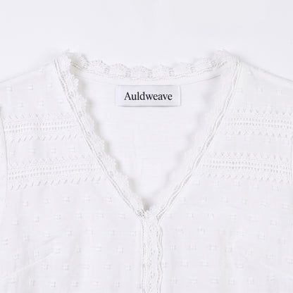 Auldweave Women's Swiss Dot Blouse Short Sleeve Lace Trim V Neck Top