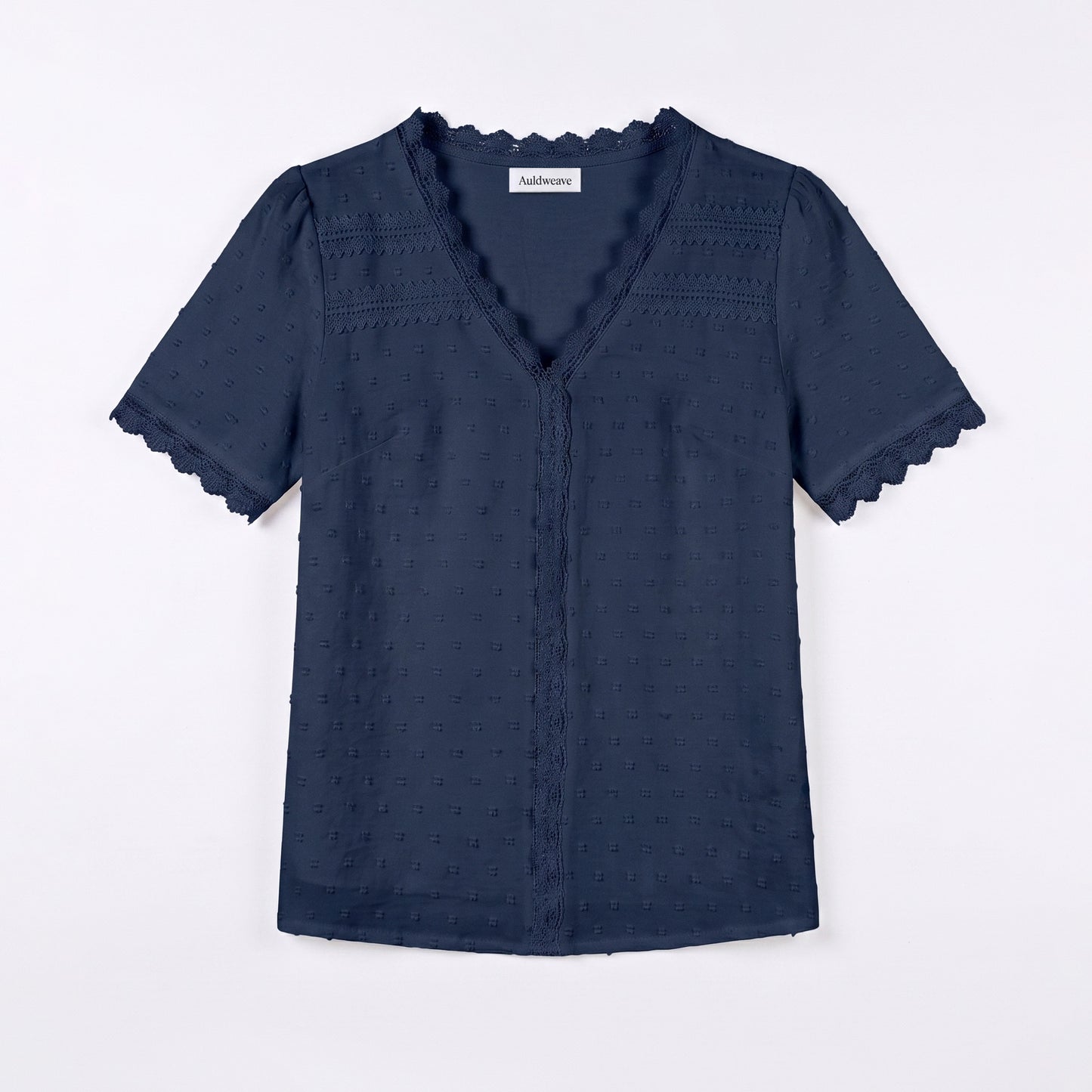 Auldweave Women's Swiss Dot Blouse Short Sleeve Lace Trim V Neck Top