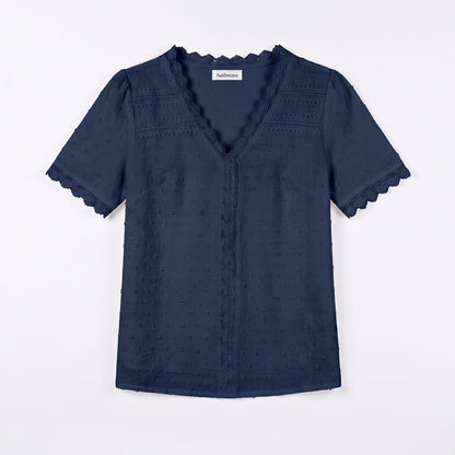 Auldweave Women's Swiss Dot Blouse Short Sleeve Lace Trim V Neck Top