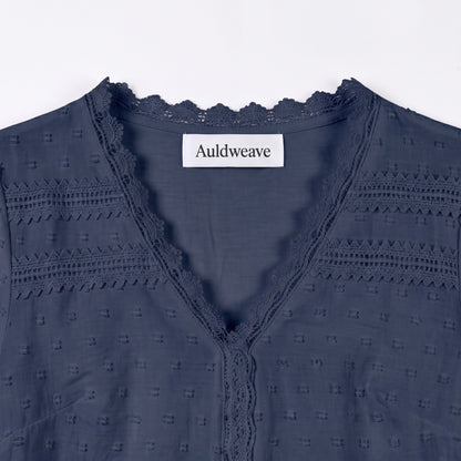 Auldweave Women's Swiss Dot Blouse Short Sleeve Lace Trim V Neck Top