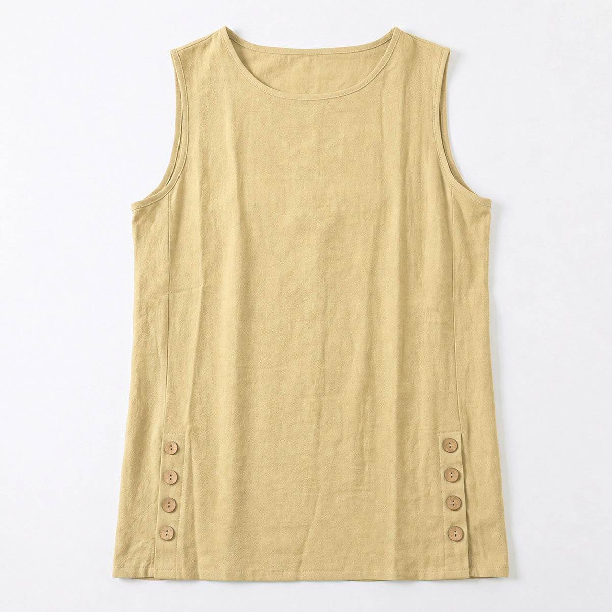 Women's Linen Look Crew Neck Tank Top - Sleeveless Summer Tops Side Button Detail Loose Casual Vest