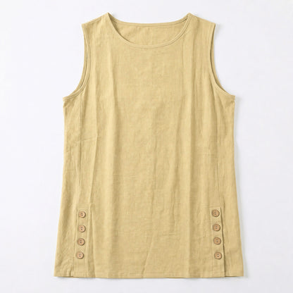 Women's Linen Look Crew Neck Tank Top - Sleeveless Summer Tops Side Button Detail Loose Casual Vest