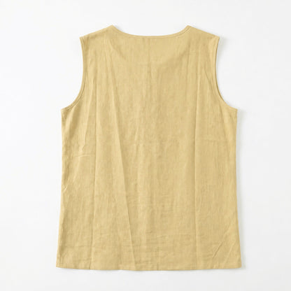 Women's Linen Look Crew Neck Tank Top - Sleeveless Summer Tops Side Button Detail Loose Casual Vest