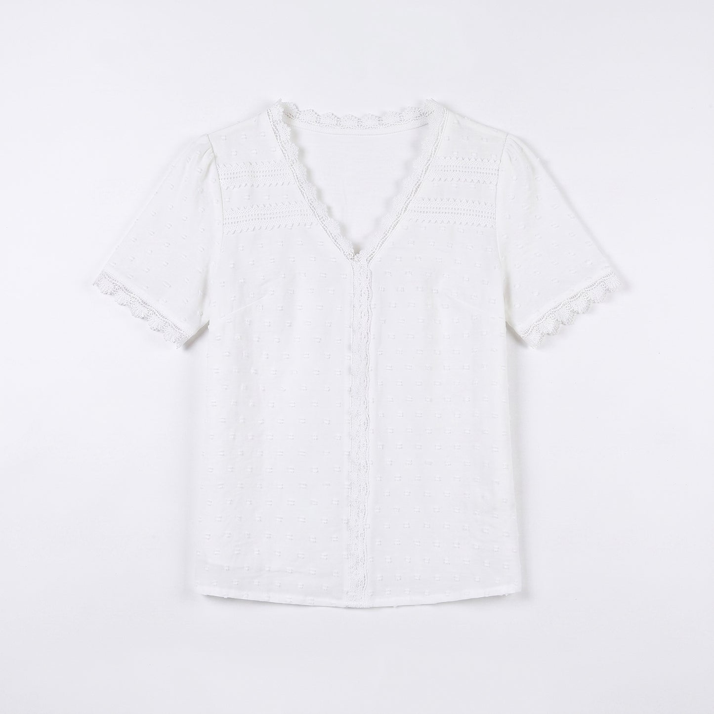 Women's V Neck Swiss Dot Blouse - Short Sleeve Lace Trim Summer Casual Tops Elegant Work Shirt