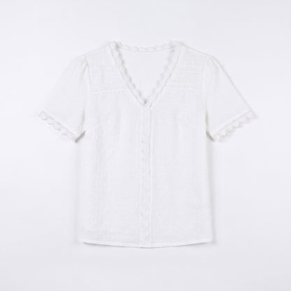 Women's V Neck Swiss Dot Blouse - Short Sleeve Lace Trim Summer Casual Tops Elegant Work Shirt