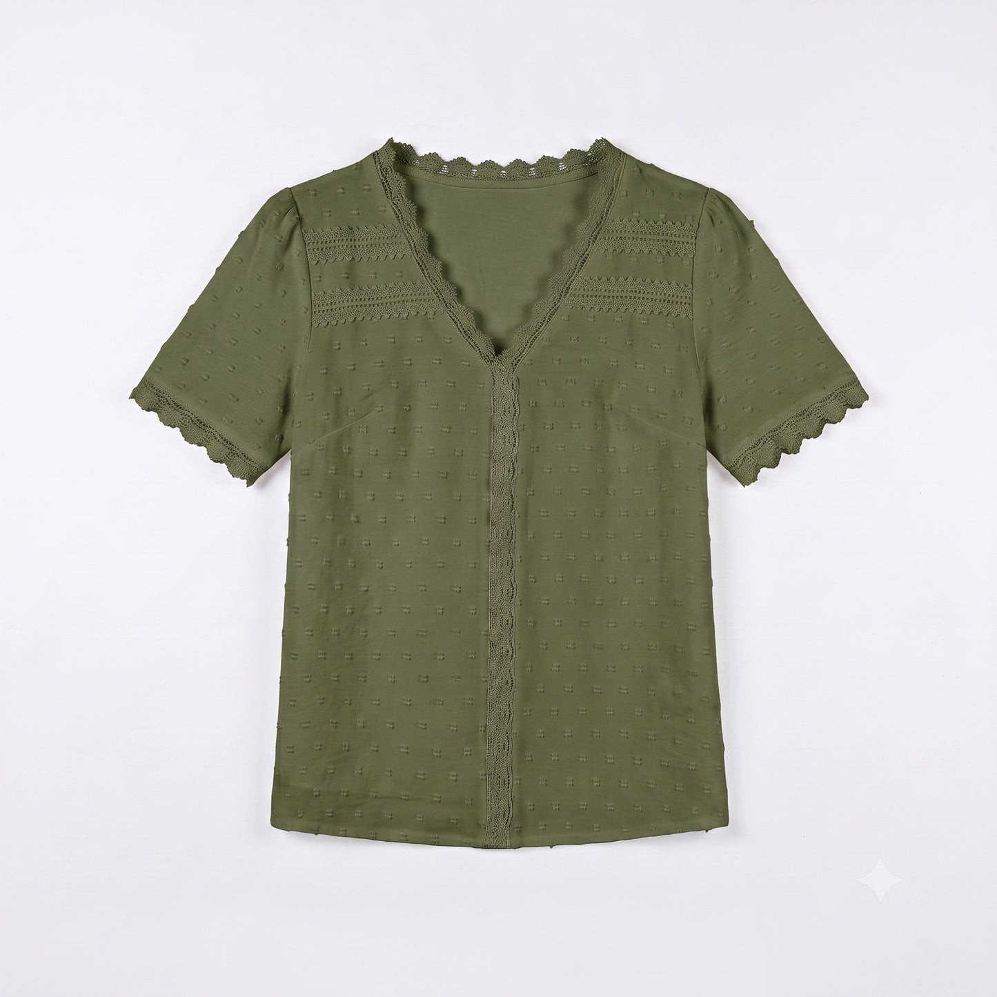 Women's V Neck Swiss Dot Blouse - Short Sleeve Lace Trim Summer Casual Tops Elegant Work Shirt