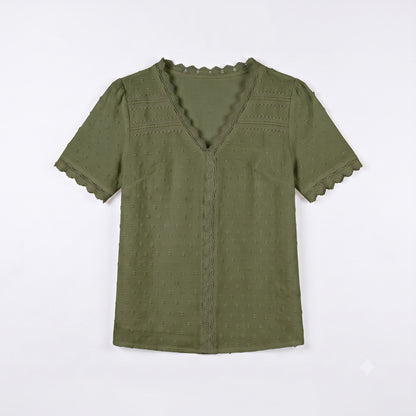 Women's V Neck Swiss Dot Blouse - Short Sleeve Lace Trim Summer Casual Tops Elegant Work Shirt