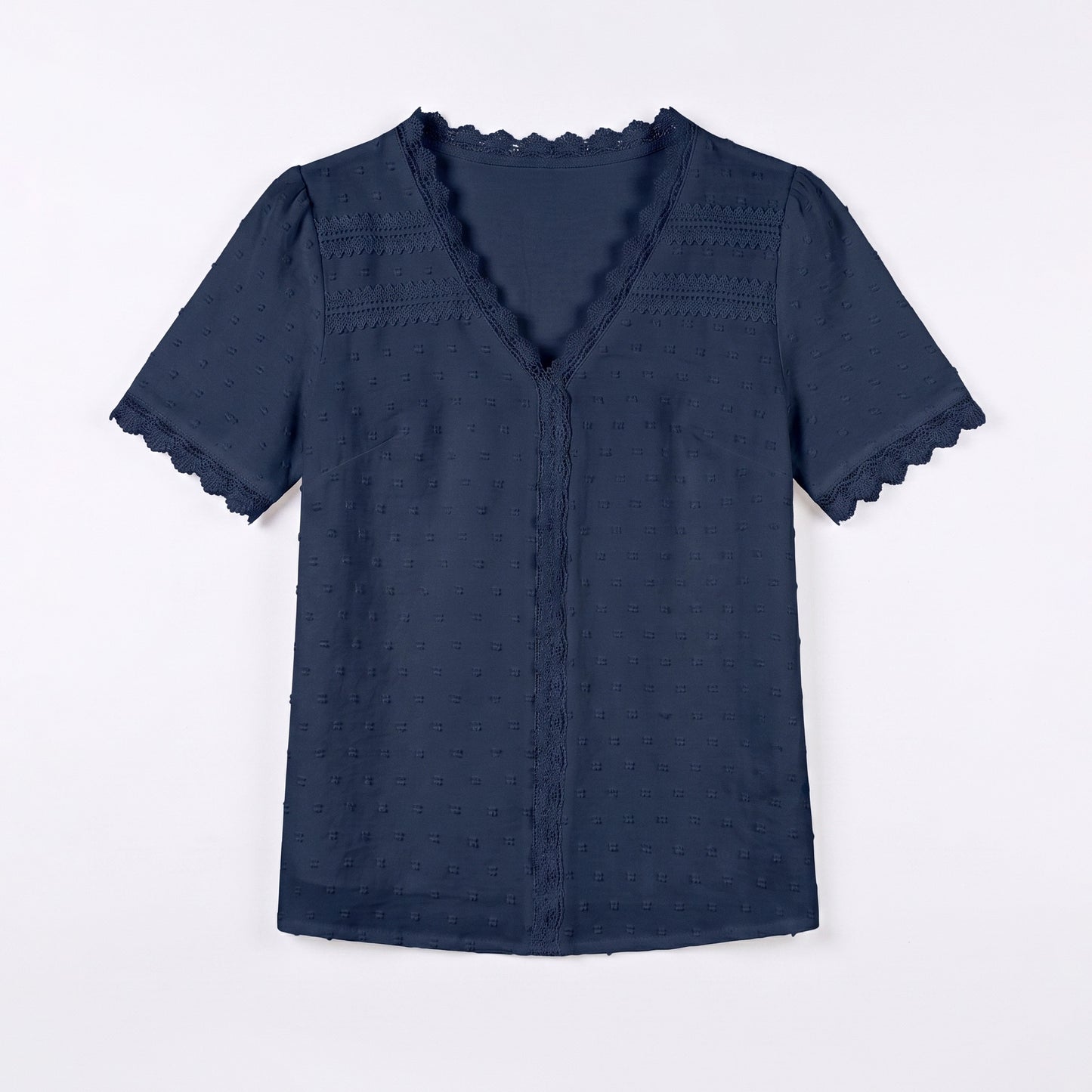 Women's V Neck Swiss Dot Blouse - Short Sleeve Lace Trim Summer Casual Tops Elegant Work Shirt