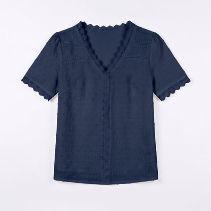 Women's V Neck Swiss Dot Blouse - Short Sleeve Lace Trim Summer Casual Tops Elegant Work Shirt