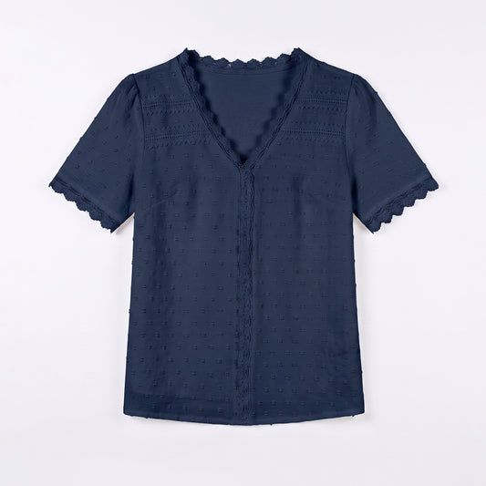 Women's V Neck Swiss Dot Blouse - Short Sleeve Lace Trim Summer Casual Tops Elegant Work Shirt
