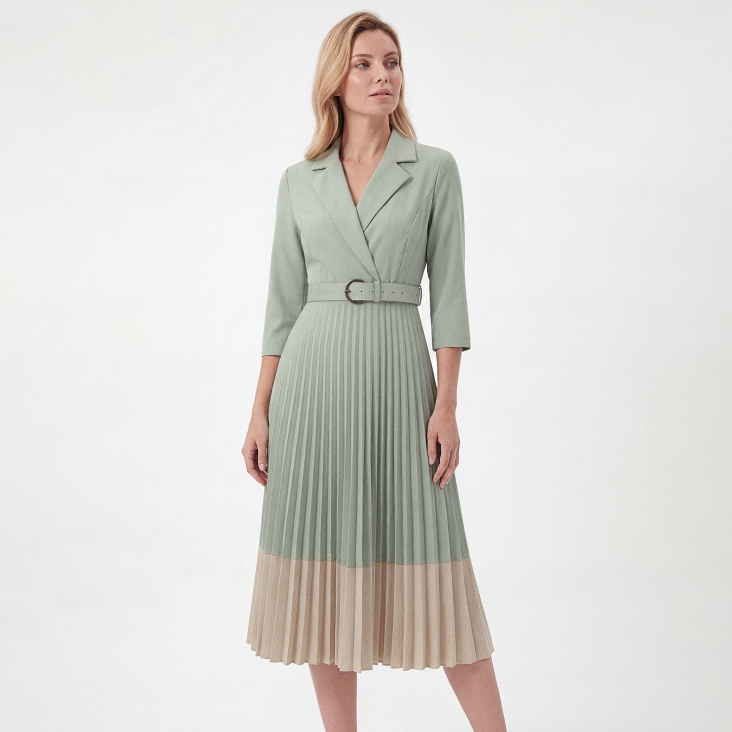 Belted Two-Tone Midi Dress