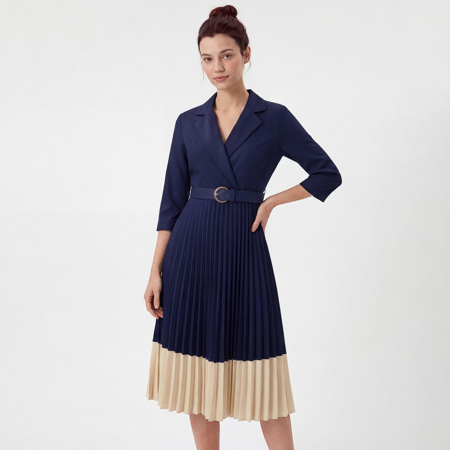 Belted Two-Tone Midi Dress