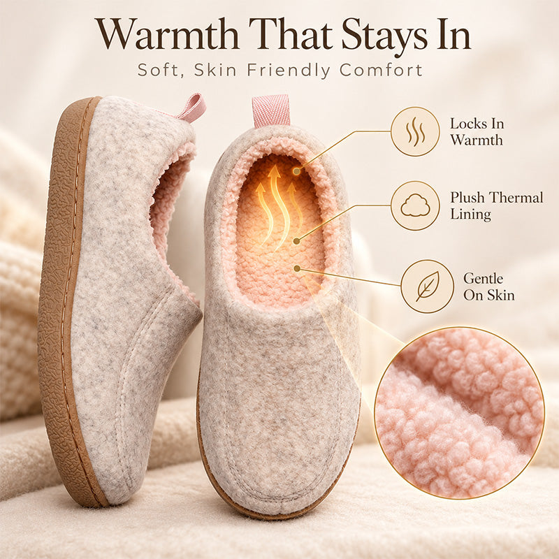 Pink house slippers graphic showing plush fleece lining and cosy warmth