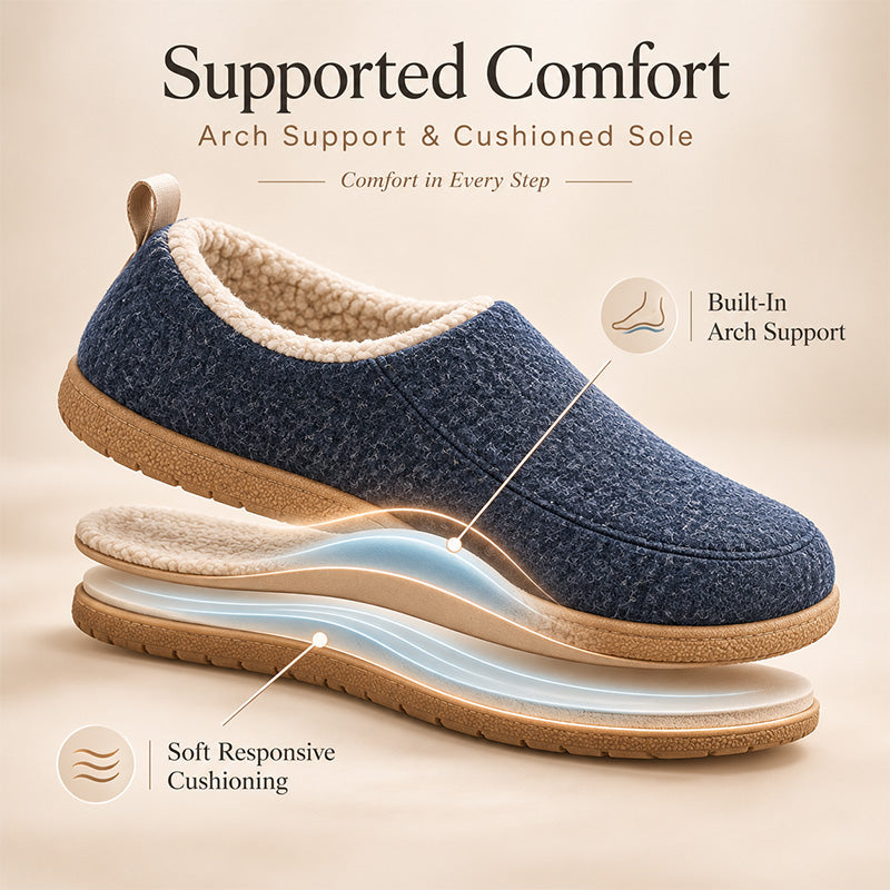 Navy house slippers diagram showing arch support and cushioned sole layers