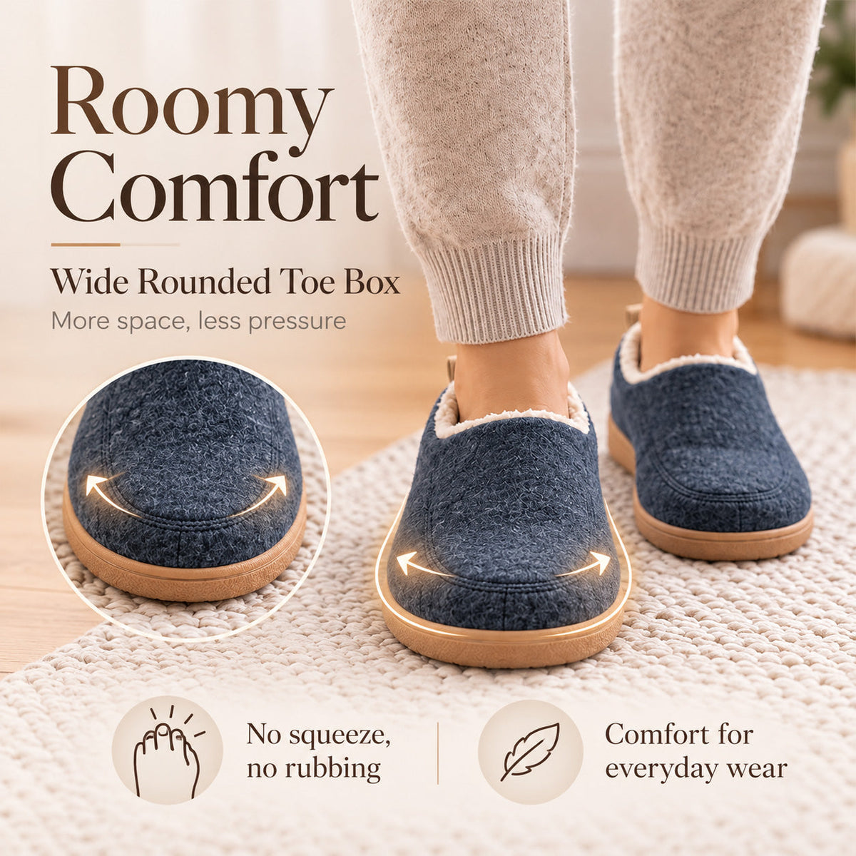 Navy house slippers with a rounded roomy toe box, shown in a comfort feature graphic
