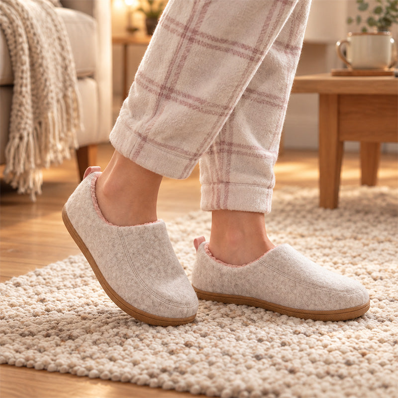 Pink fleece-lined house slippers worn with checked pyjamas, shown at an angle