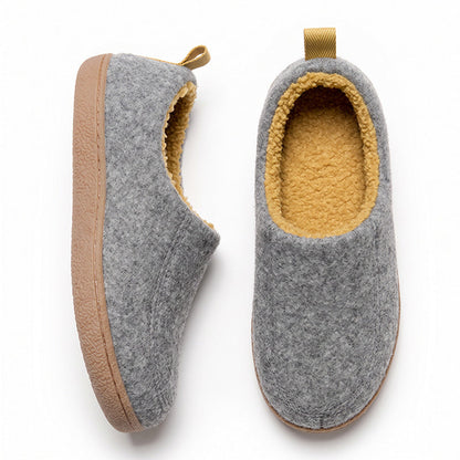 Grey house slippers in top and side views, showing yellow fleece lining and textured tan sole edges