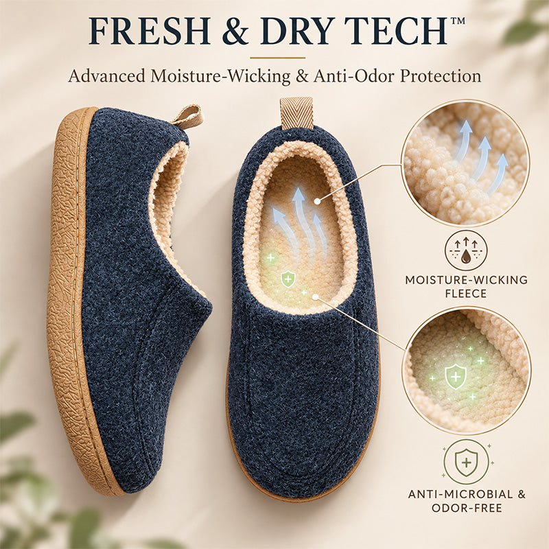 Navy fleece-lined slippers with close-up fabric circles and illustrated airflow arrows