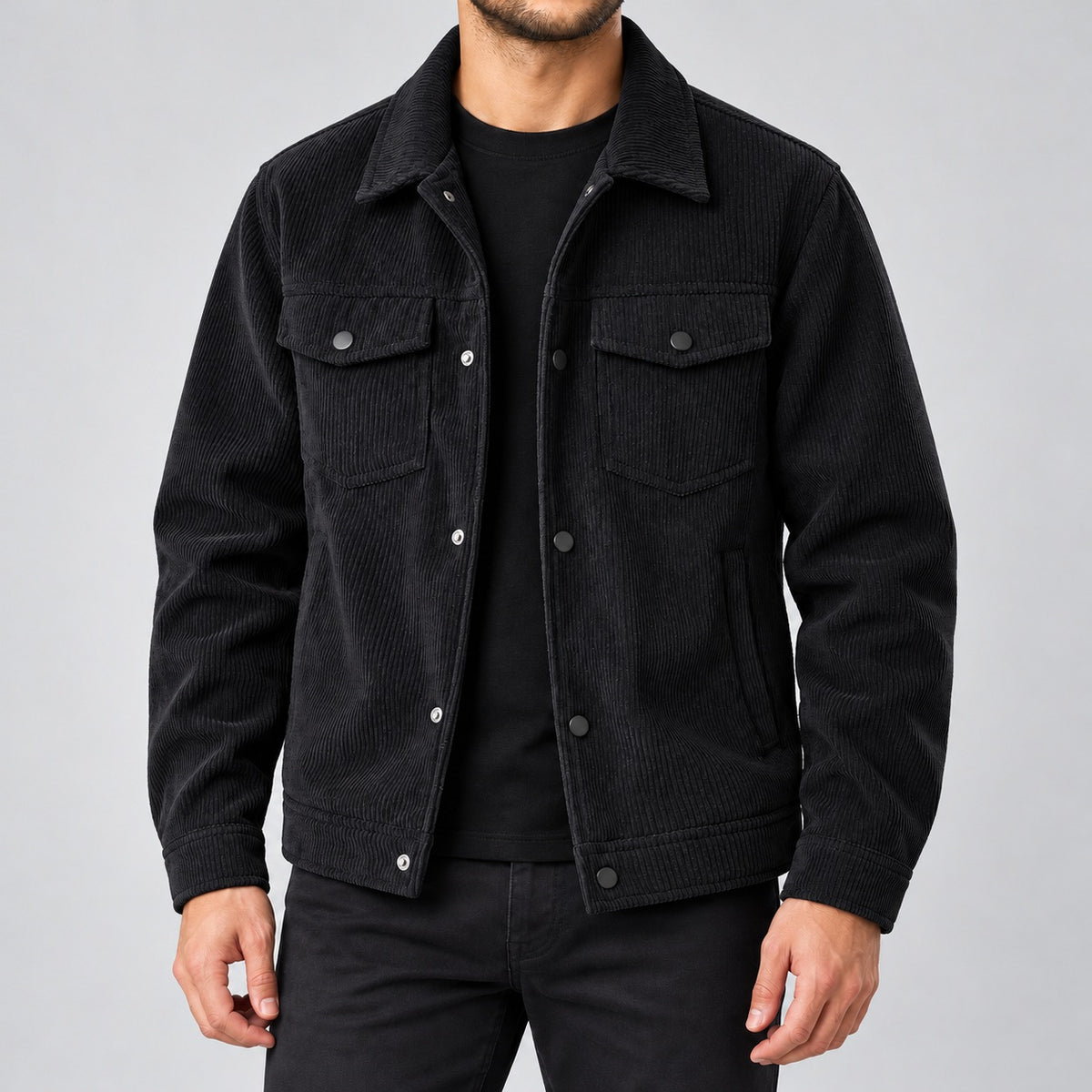 Black corduroy jacket with press-stud front on a model, front view