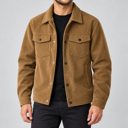 Coffee-brown corduroy jacket with press-stud front on a model, front view