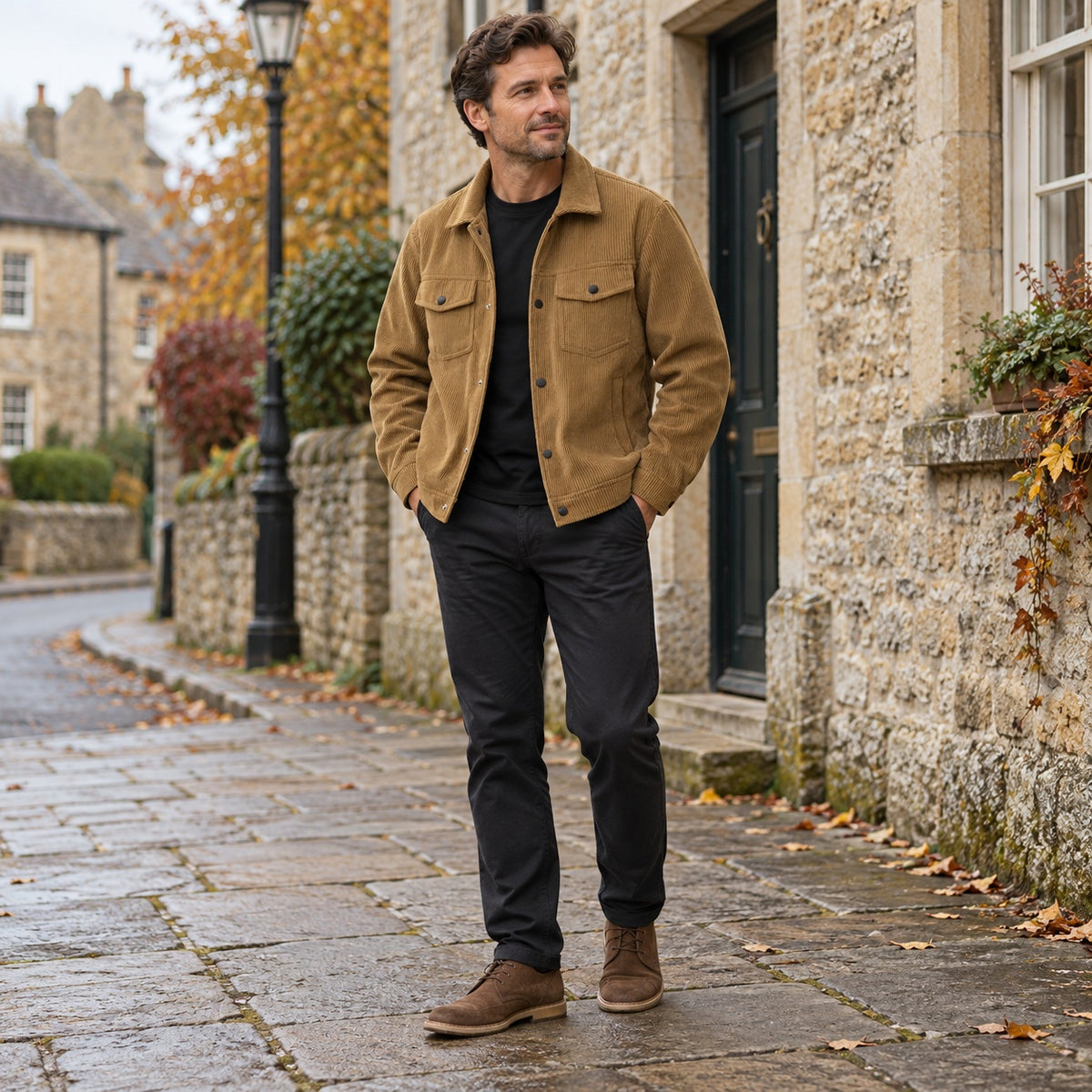 Full-length model wearing the coffee-brown corduroy jacket on a stone-paved street